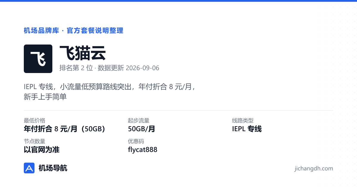 飞猫云机场品牌资料卡：年付折合 8 元/月（50GB），IEPL 专线