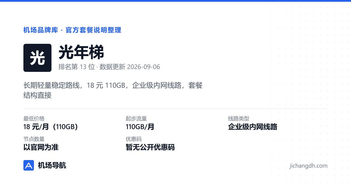 光年梯机场品牌资料卡：18 元/月（110GB），企业级内网线路