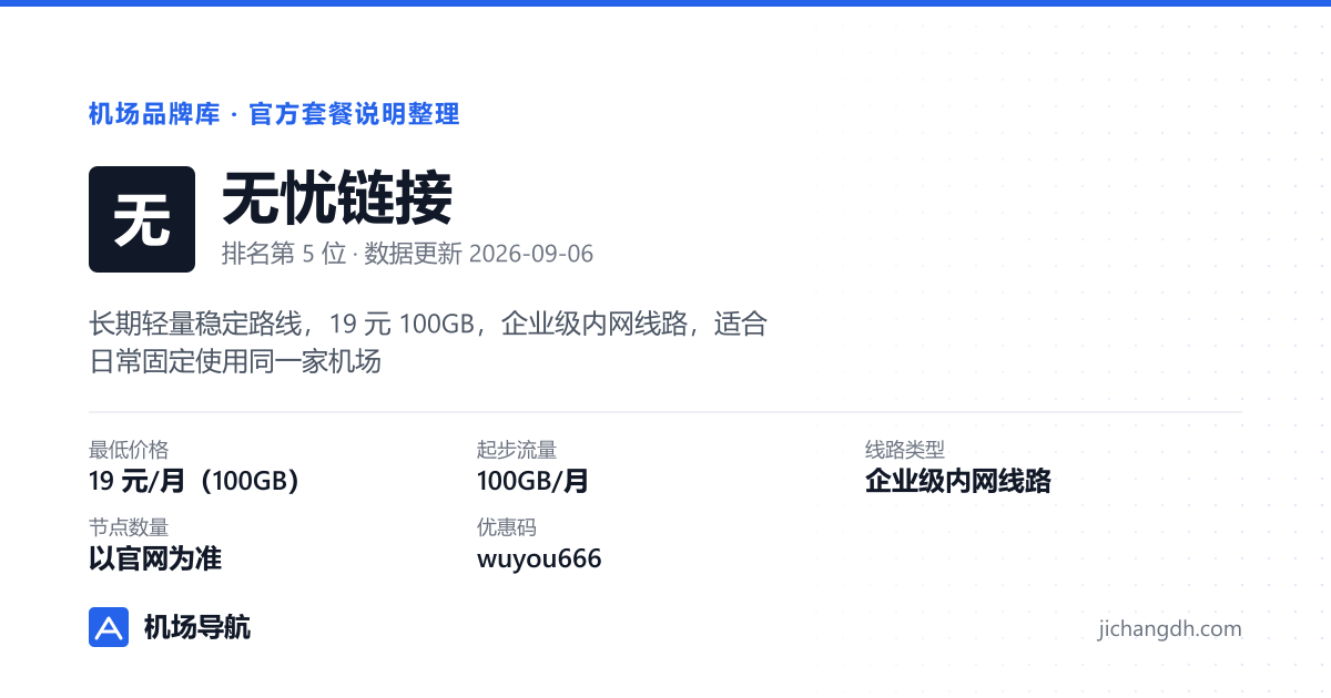 无忧链接机场品牌资料卡：19 元/月（100GB），企业级内网线路