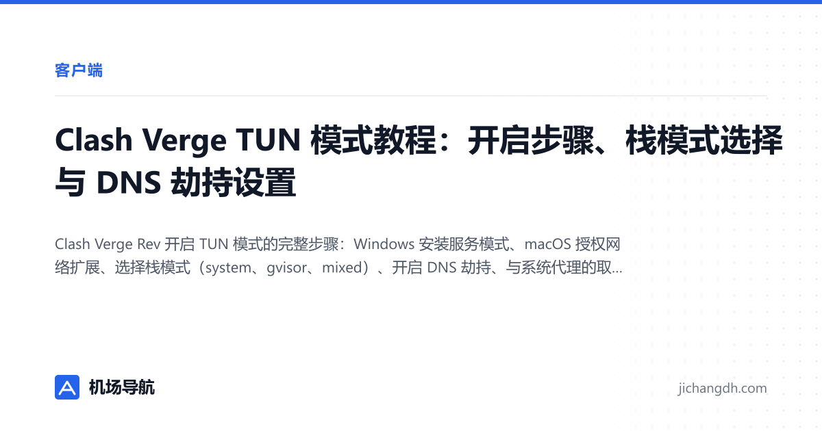 Clash Verge TUN 模式教程：开启步骤、栈模式选择与 DNS 劫持设置 封面图